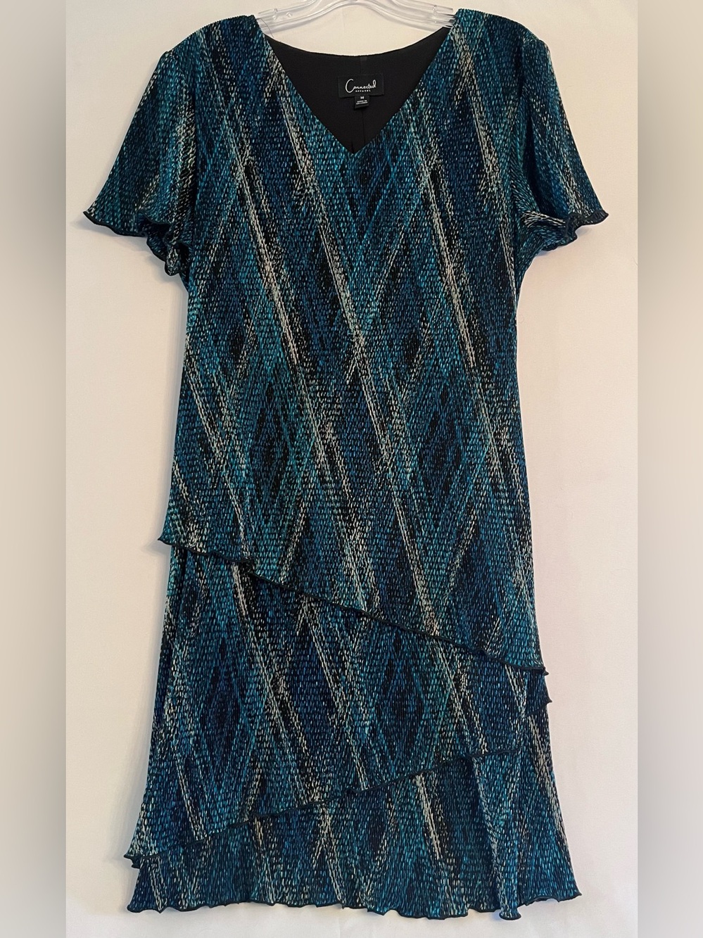 Connected Apparel Teal Plissé Geometric Tiered Flutter Sleeve Dress Sz 14